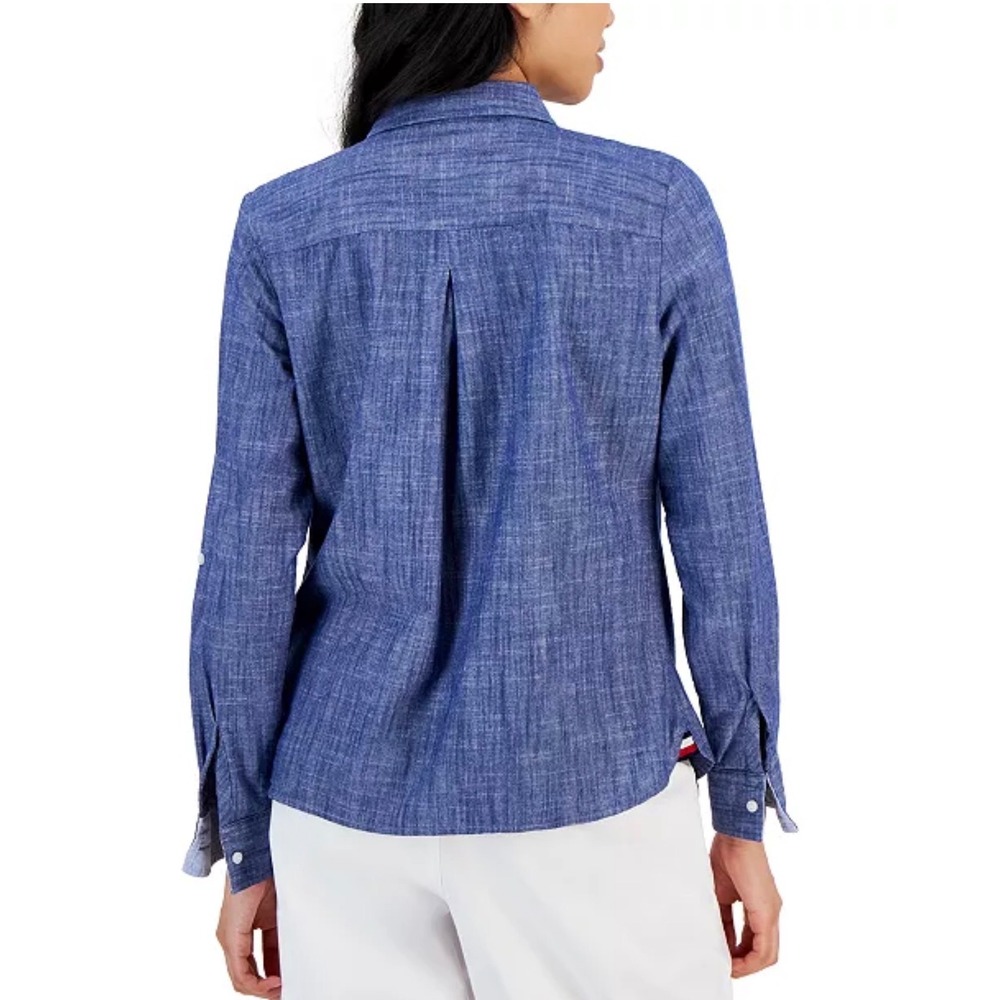 Chambray Quarter Zip Tommy Hilfiger Blue Cotton Pullover Shirt Size M Hamptons - Picture 3 of 13